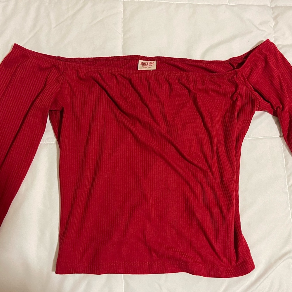 mossimo red off the shoulder red crop top ribbed long sleeve